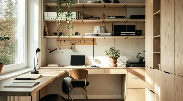 Aménagement bureau lumineux avec bureau en bois brut, étagères remplies de plantes et d'objets déco, et une grande fenêtre.