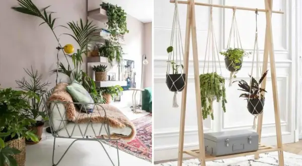 Un coin salon cosy avec un fauteuil confortable et un **jardin d'intérieur appartement** luxuriant. À droite, un portant en bois suspend des plantes en macramé, créant un espace verdoyant.