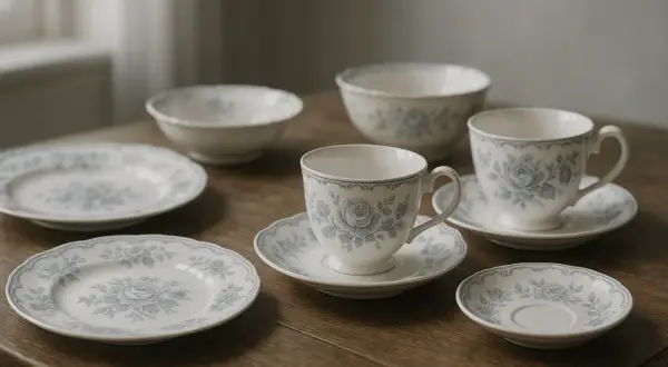 Service à thé et à dessert en porcelaine fine, vaisselle anglaise marque, ornée de motifs floraux bleus délicats.
