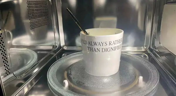 Une tasse en céramique avec une citation est dans un micro-ondes. Est-ce que la céramique va au micro-ondes ?