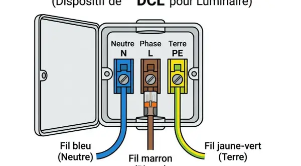 Schéma pour installer boitier DCL : fil bleu (neutre), marron (phase) et jaune-vert (terre) connectés.