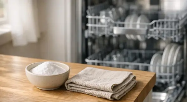 Un bol de bicarbonate de soude et une serviette sur un comptoir en bois, devant un lave-vaisselle ouvert. Idéal pour nettoyer son lave-vaisselle au vinaigre blanc et bicarbonate.