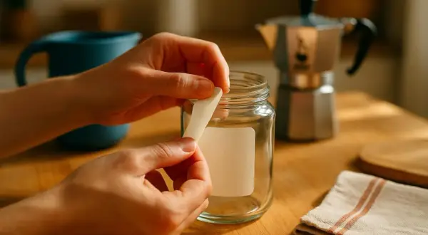 Maintenant, comment enlever de la colle sèche d'une étiquette sur un bocal en verre. Des mains décollent délicatement une étiquette d'un bocal vide.