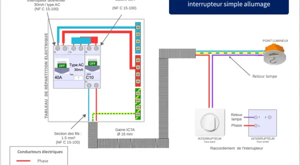 Schéma d'un circuit interrupteur simple allumage, montrant le tableau électrique, le disjoncteur, l'interrupteur et le point lumineux.