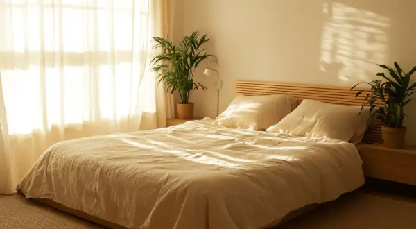 Lit douillet avec draps beiges, plantes vertes et lumière du soleil filtrant à travers les rideaux.