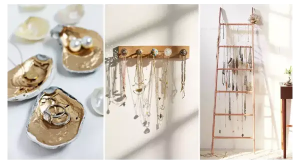 Idées créatives pour comment ranger ses bijoux : coupelles en coquillages dorés, porte-colliers mural, et échelle décorative pour bijoux.