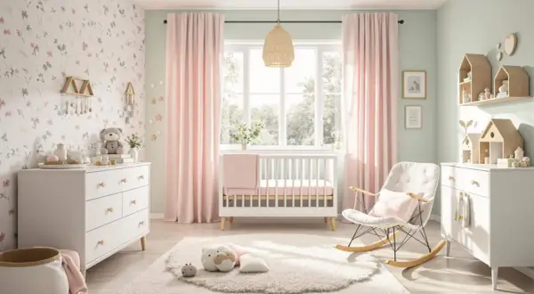 Chambre bébé élégante avec mur fleuri rose poudré, berceau blanc, fauteuil à bascule et commodes.
