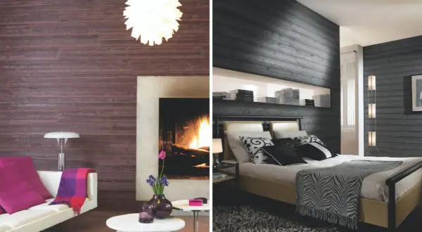 Chambres avec murs lambrissés : une ambiance salon avec cheminée et une chambre moderne avec lit.