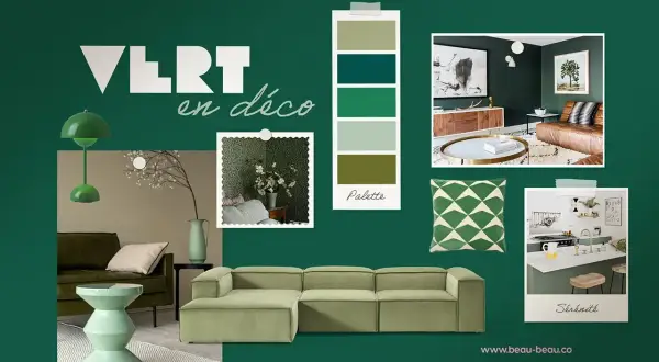 Ambiance douce et apaisante avec des touches de **celadon vert** dans un salon moderne, une cuisine et une palette de couleurs inspirantes.