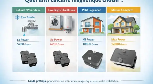 Guide pour choisir un anticalcaire naturel magnétique : robinet, lave-linge, petit logement ou maison complète. Différents modèles et puissances (Gauss) sont présentés.