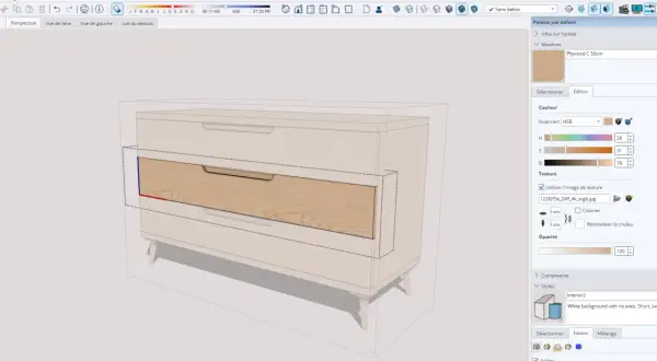 Un dessin meuble 3d d'une commode en bois clair, avec un tiroir texturé. La palette de matériaux et de couleurs est visible à droite.