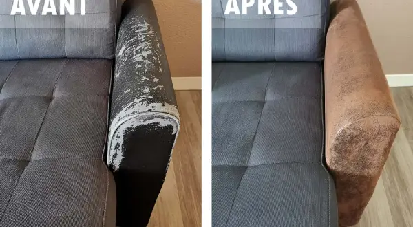 Avant/après : un accoudoir de canapé abîmé est réparé et retrouve une nouvelle jeunesse avec une finition marron.