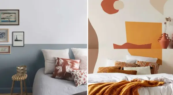 Deux têtes de lit décorées : une avec des cadres et une peinture murale abstraite.