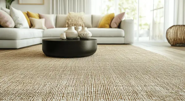 Un salon cosy avec un tapis en jonc de mer. Son entretien facile en fait un choix idéal pour un intérieur moderne et naturel.