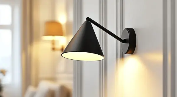 Un élégant point lumineux en applique noir projette une douce lumière sur un mur orné de moulures.