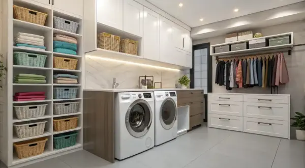 Aménagement buanderie moderne avec lave-linge, sèche-linge, étagères remplies de paniers et de linge plié, et un portant avec des vêtements.
