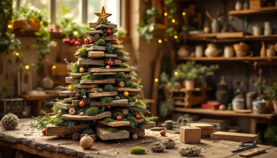 Un sapin de Noël rustique, fait de bois empilé et décoré de mousse et de boules rouges. L'idée de fabriquer un sapin de Noël original prend vie dans cet atelier chaleureux.