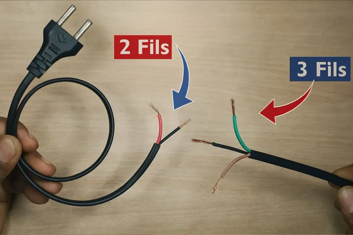 Câble électrique avec prise, montrant un branchement lumière sur prise de courant avec 2 ou 3 fils.