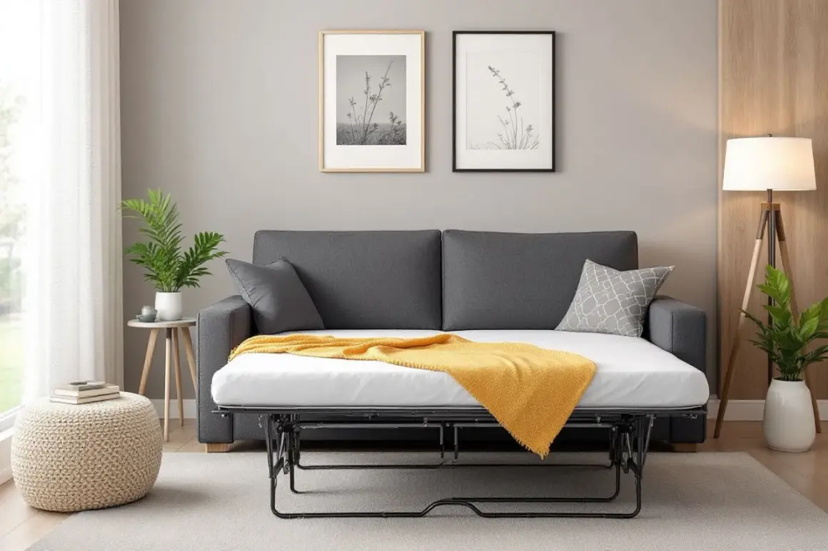 Canapé convertible gris ouvert, révélant son matelas blanc et une couverture jaune. Deux cadres avec des herbes séchées ornent le mur.