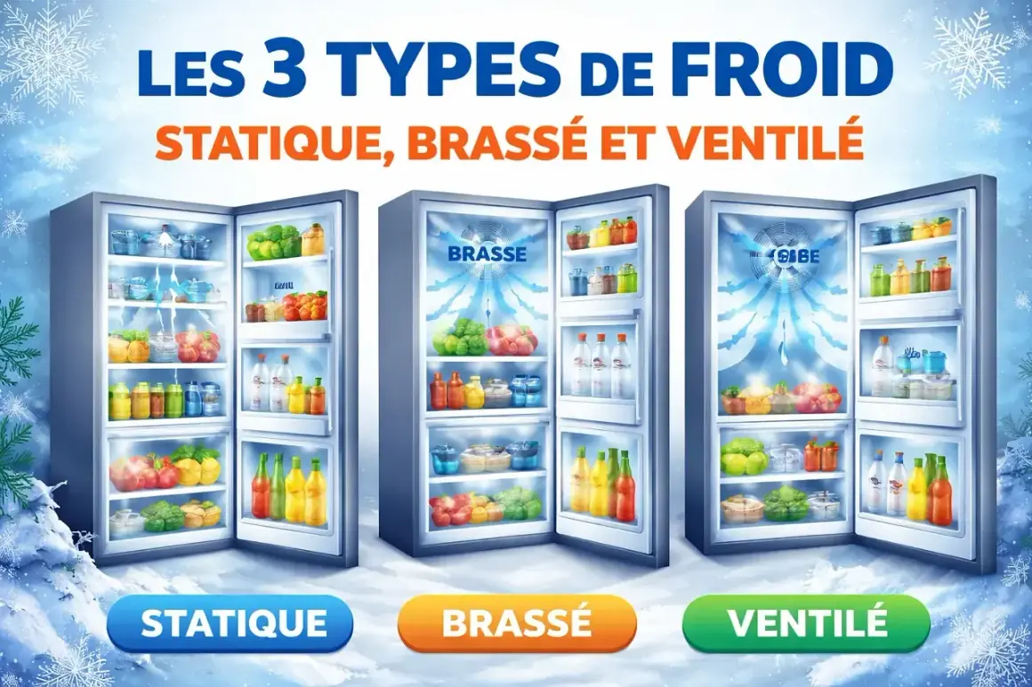 Trois réfrigérateurs ouverts montrant différents types de froid : statique, brassé et ventilé.