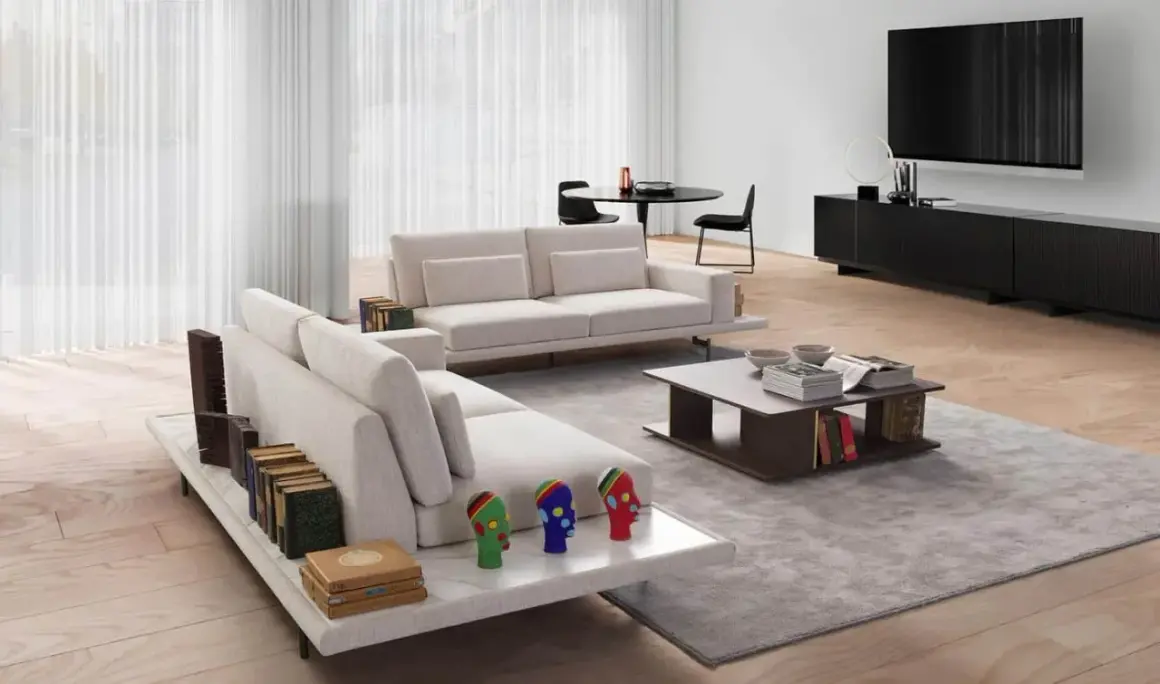 Un salon moderne avec un canapé face à face et une TV. Des livres décorent les accoudoirs et une table basse.