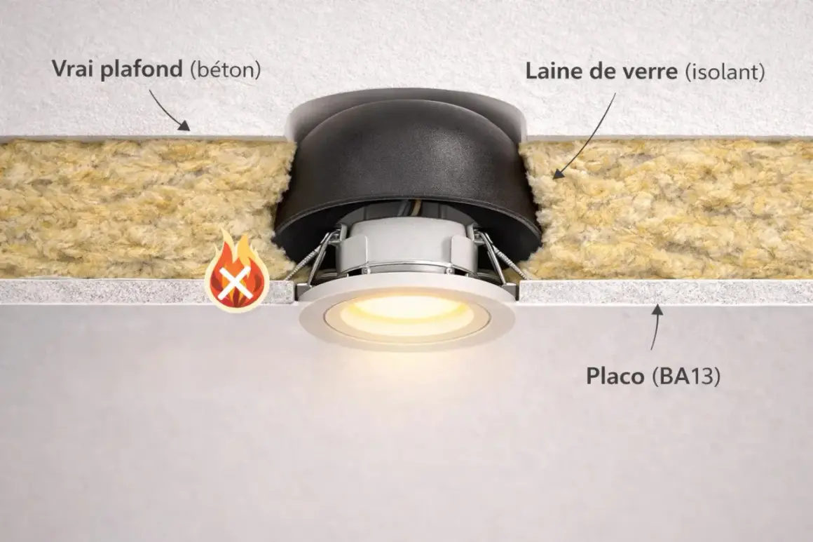 Spot encastré dans un plafond en Placo, avec isolant en laine de verre et un avertissement de danger.