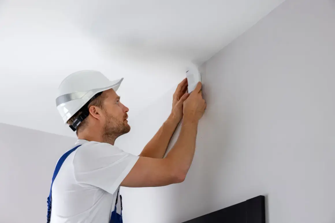 Un technicien installe un détecteur de mouvement 5 fils au coin d'un mur blanc.