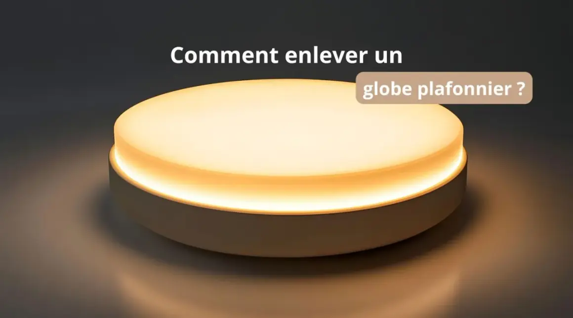 Un luminaire rond et blanc diffuse une lumière chaude. Le texte "Comment enlever un globe plafonnier ?" apparaît.