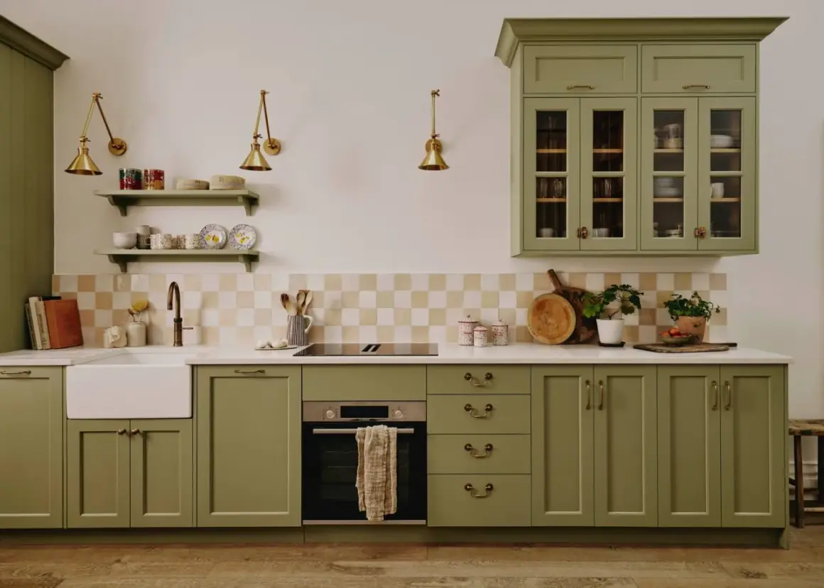 Cuisine vert d'eau avec évier, plaque de cuisson, four et placards en bois.