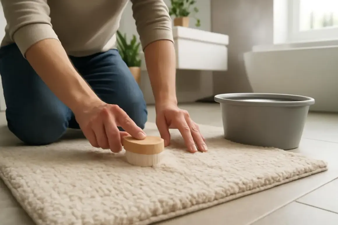 Une personne agenouillée nettoie un tapis blanc avec une brosse. Un seau d'eau est à proximité. Comment nettoyer un tapis blanc efficacement.