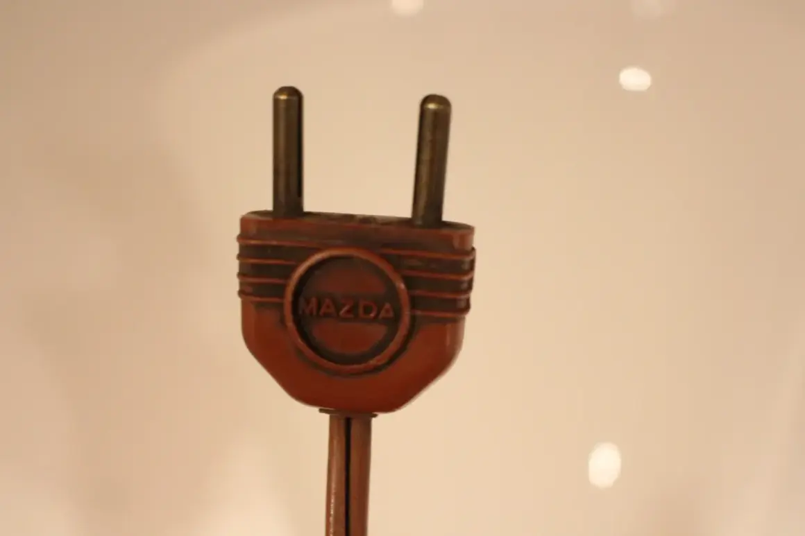 Prise électrique ancienne en bakélite marron avec le logo Mazda. Pour savoir comment reconnaître une lampe Mazda, cherchez cette marque distinctive.