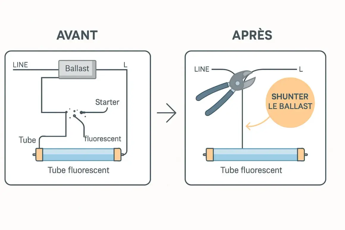 Schéma avant/après pour comment brancher un néon avec interrupteur : on coupe le ballast.