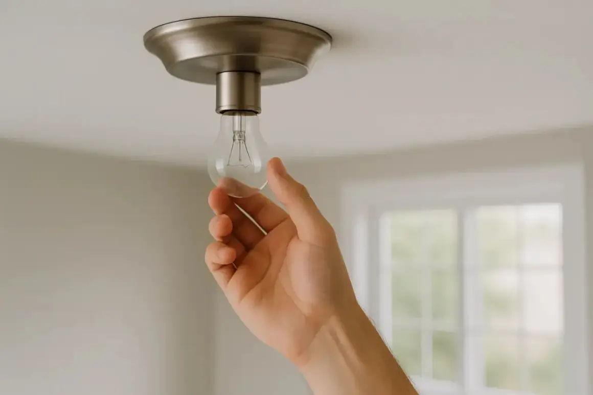 Main tenant change une ampoule classique car le plafonnier LED ne fonctionne plus.