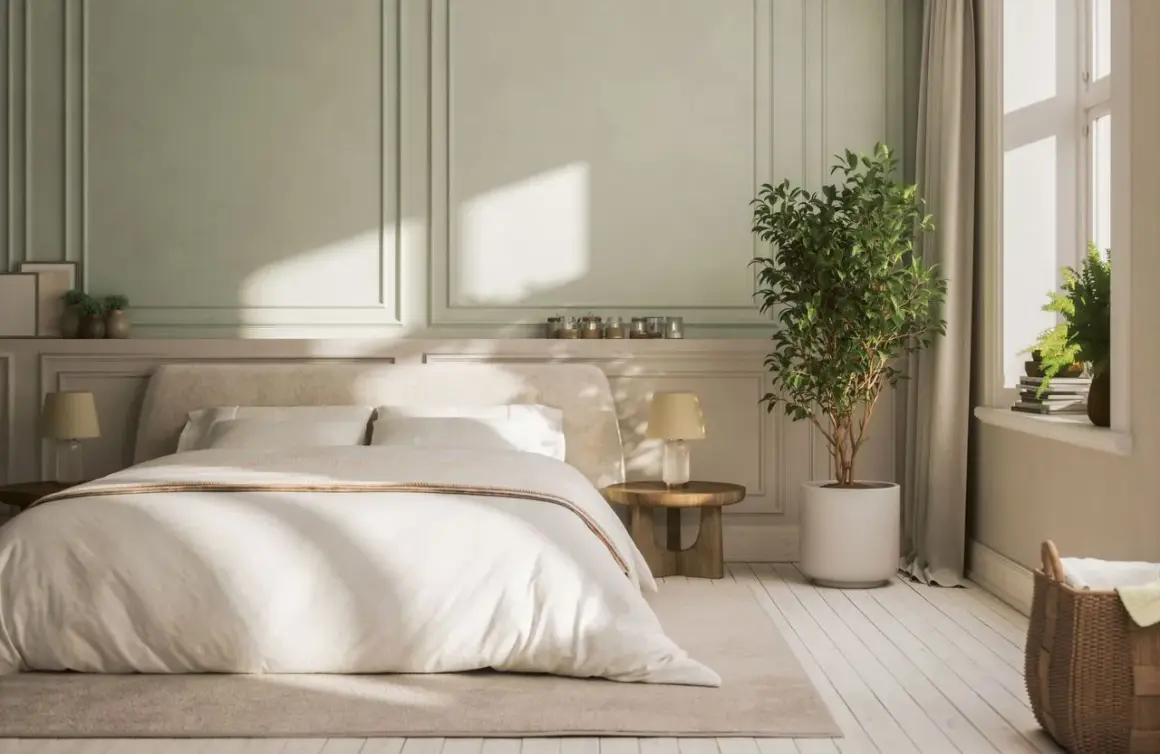 Chambre avec lit blanc, lambris vert pâle et plante verte.