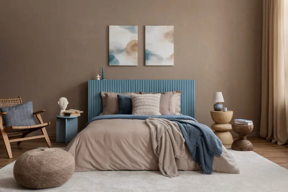 Une peinture chambre adulte 2 couleurs, avec un lit douillet, un fauteuil en rotin et des tableaux abstraits.
