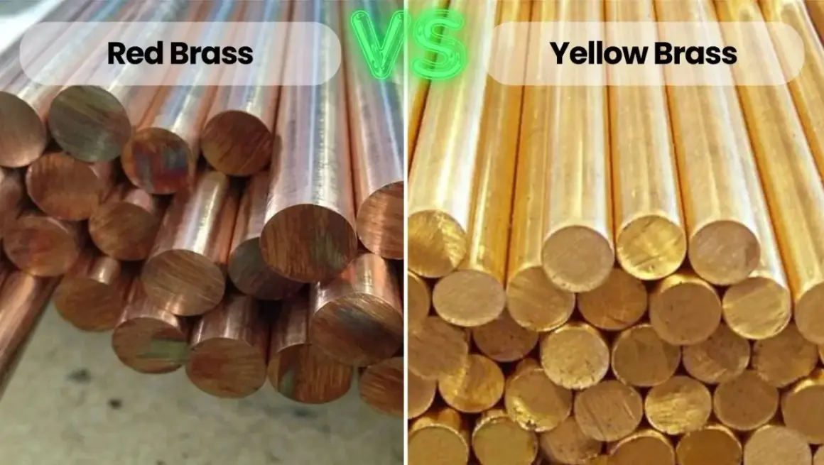 Comparaison visuelle entre le laiton rouge (plus cuivré) et le laiton jaune, montrant des tiges métalliques de différentes couleurs.