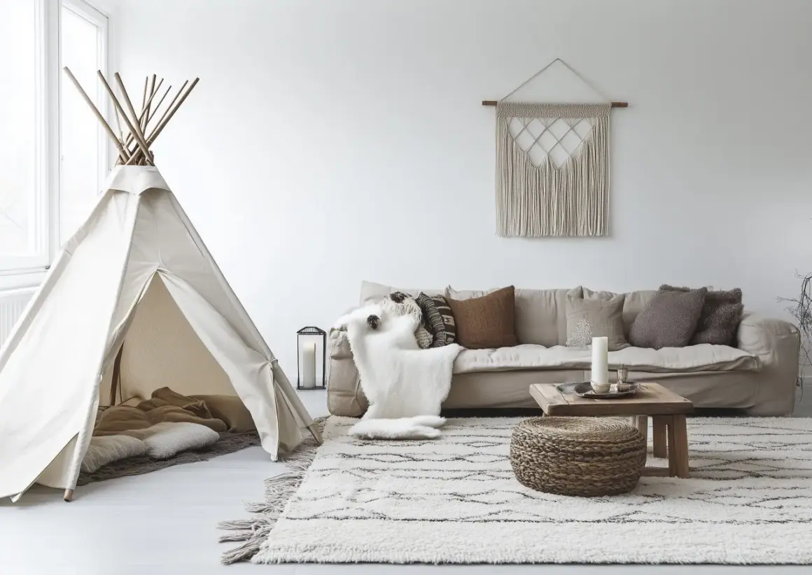 Un coin jeux enfant salon avec une tente tipi, coussins douillets et un tapis douillet.