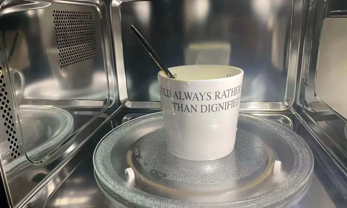 Une tasse en céramique avec une citation est dans un micro-ondes. Est-ce que la céramique va au micro-ondes ?