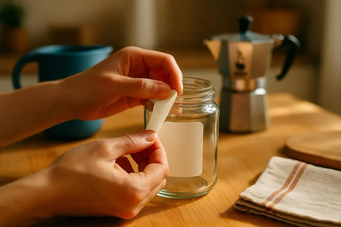 Maintenant, comment enlever de la colle sèche d'une étiquette sur un bocal en verre. Des mains décollent délicatement une étiquette d'un bocal vide.