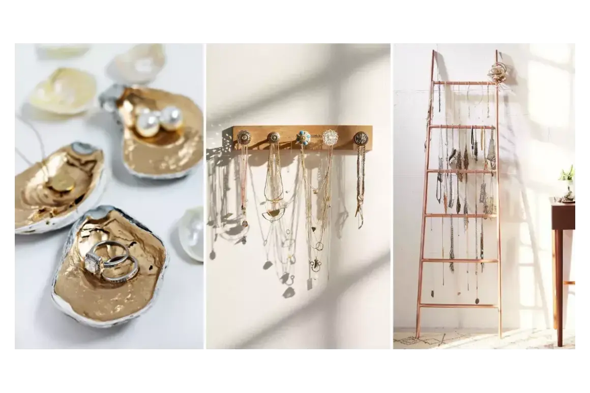 Idées créatives pour comment ranger ses bijoux : coupelles en coquillages dorés, porte-colliers mural, et échelle décorative pour bijoux.