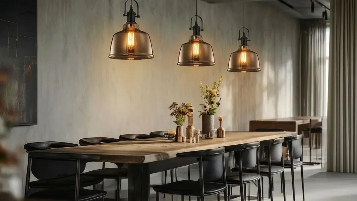 Trois luminaires suspendus de style industriel, parfaits pour fabriquer un luminaire suspendu unique. Ambiance chaleureuse au-dessus d'une table en bois.