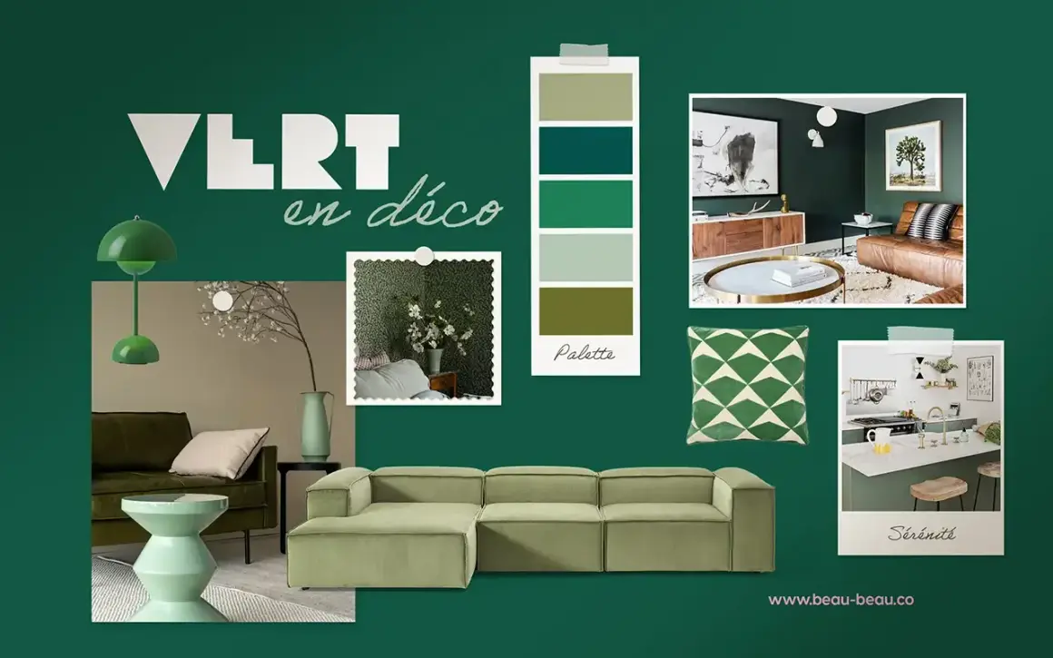 Ambiance douce et apaisante avec des touches de **celadon vert** dans un salon moderne, une cuisine et une palette de couleurs inspirantes.