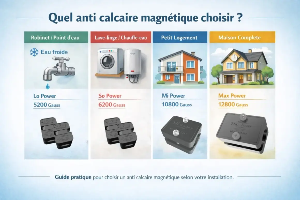 Guide pour choisir un anticalcaire naturel magnétique : robinet, lave-linge, petit logement ou maison complète. Différents modèles et puissances (Gauss) sont présentés.