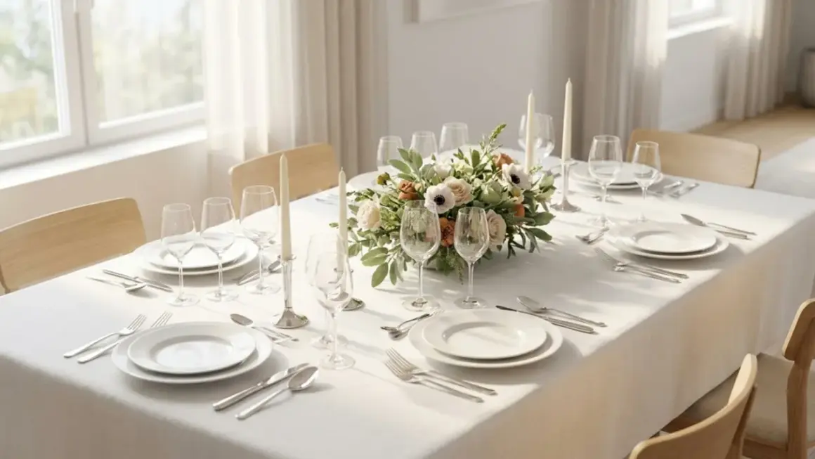 Disposition couvert élégante pour un dîner : assiettes, verres à pied, bougies et un bouquet floral au centre.