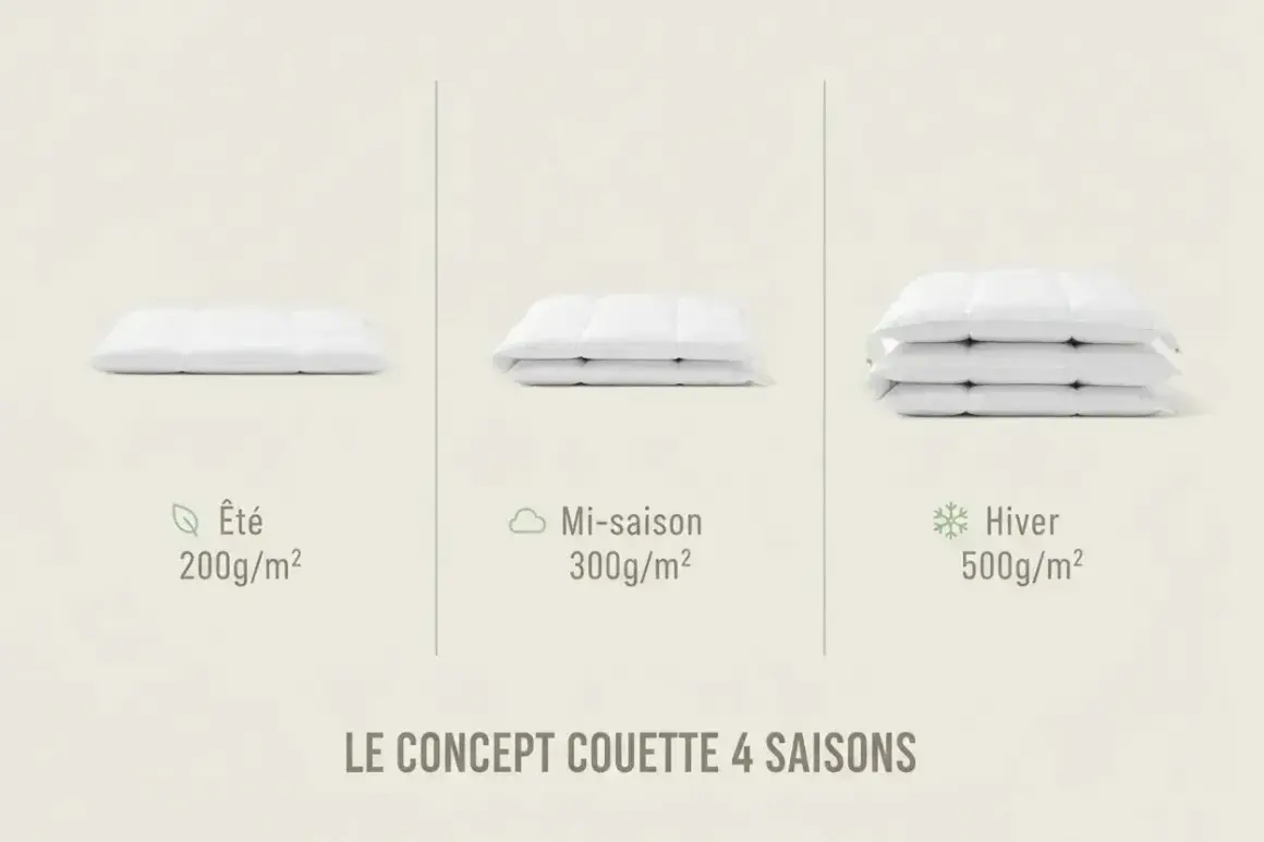 Trois couettes blanches empilées, étiquetées Été, Mi-saison et Hiver.