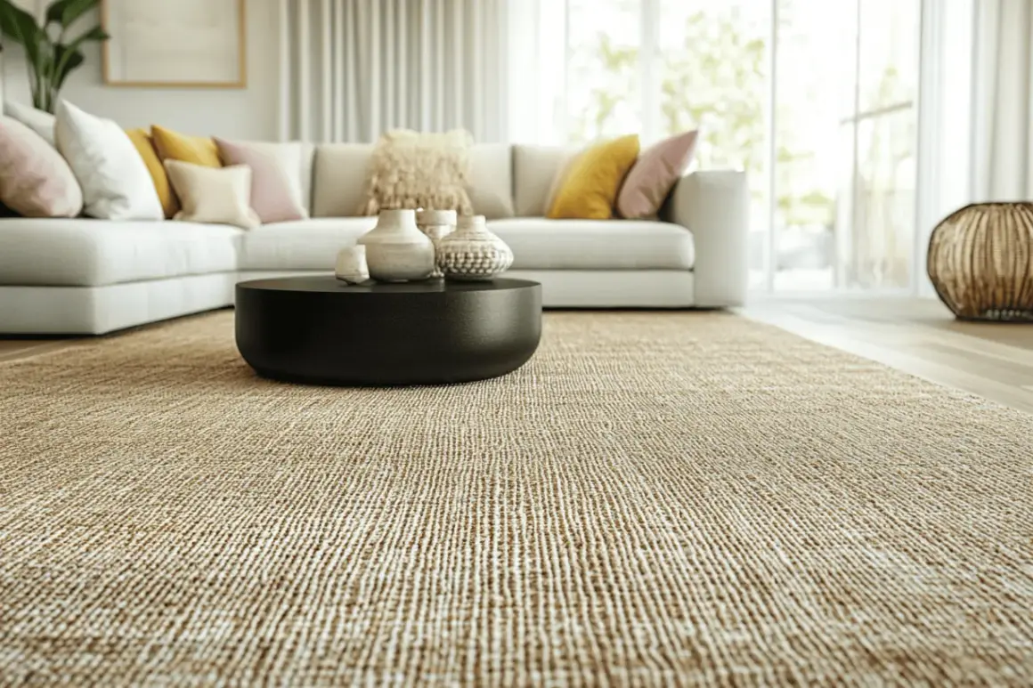 Un salon cosy avec un tapis en jonc de mer. Son entretien facile en fait un choix idéal pour un intérieur moderne et naturel.