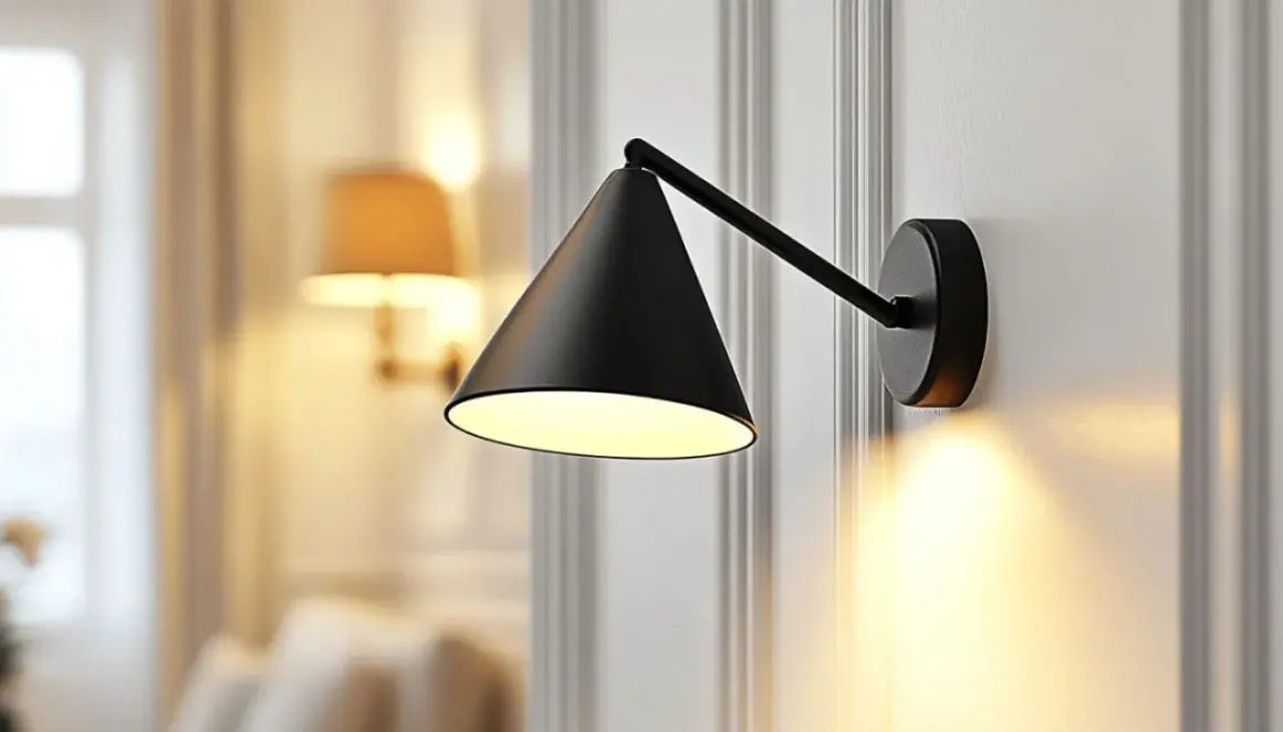 Un élégant point lumineux en applique noir projette une douce lumière sur un mur orné de moulures.