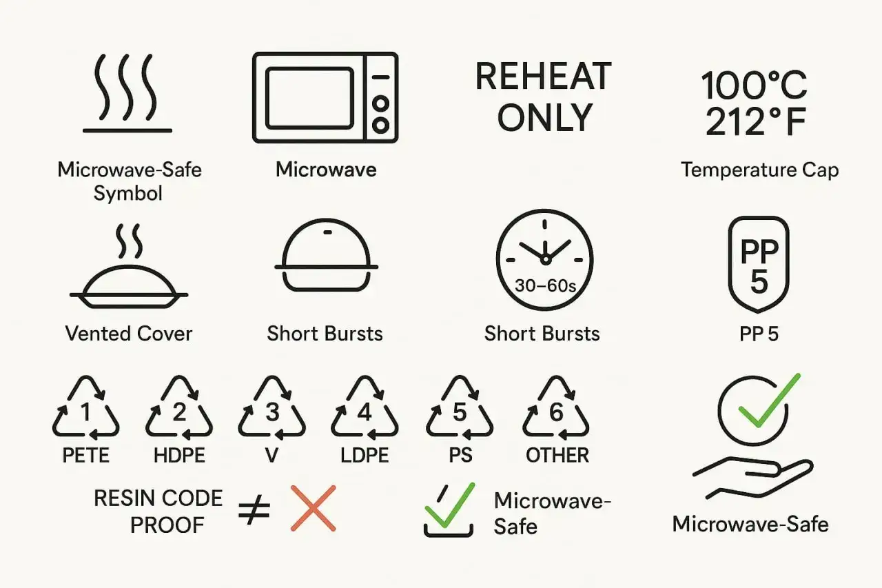 Symboles pour savoir si la c&eacute;ramique va au micro onde : symbole micro-ondes, couvercle ventil&eacute;, courts intervalles, temp&eacute;rature max, PP 5, codes r&eacute;sine.