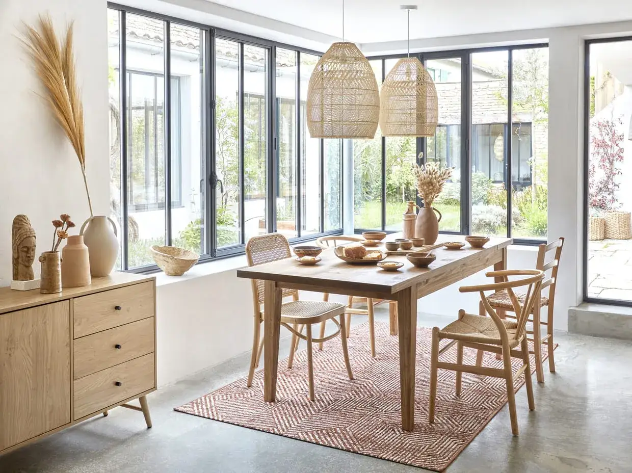 Ambiance chaleureuse pour cette deco salle a manger avec table en bois, chaises cannées et suspensions en rotin.
