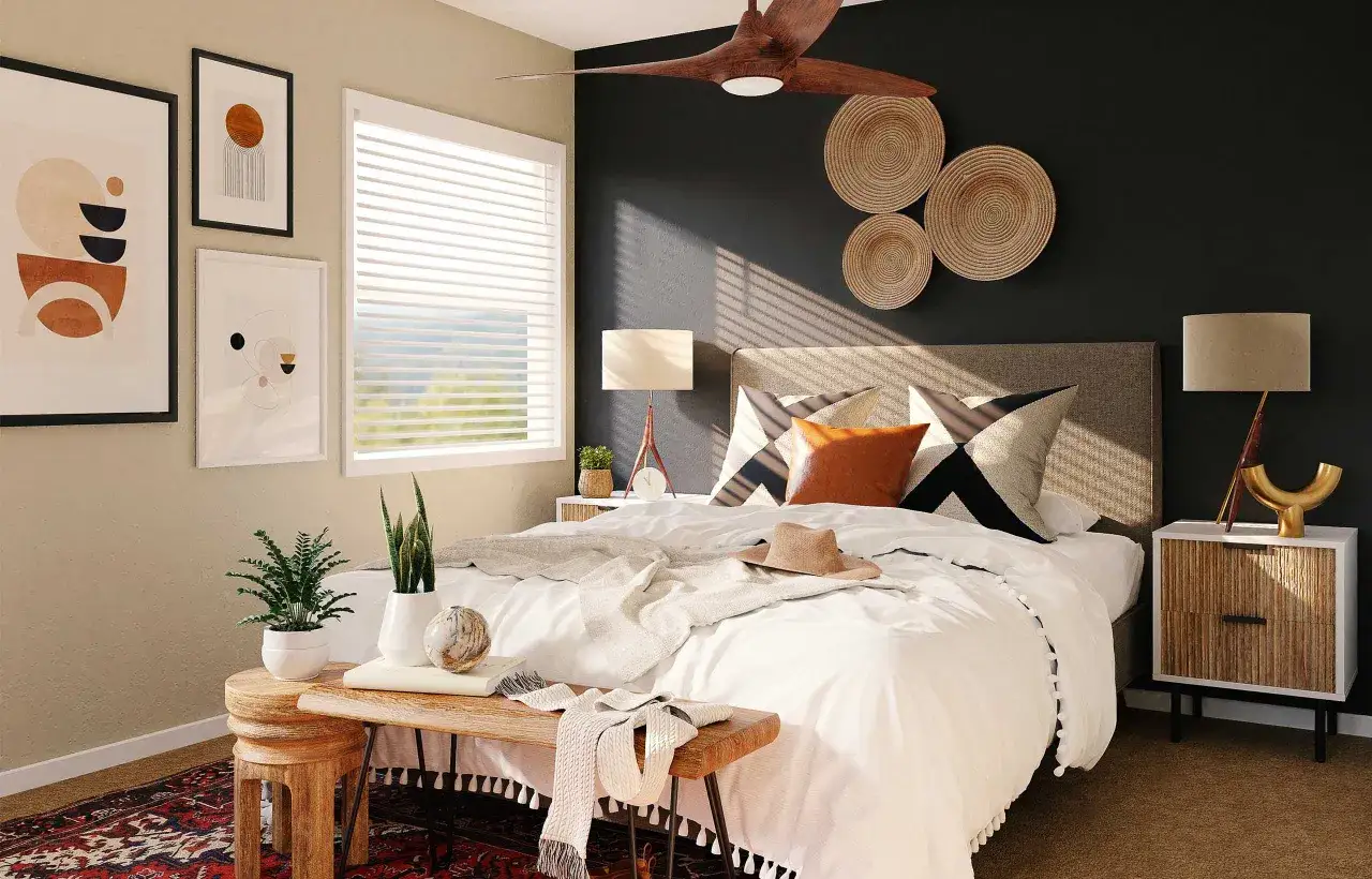 Chambre adulte moderne avec lit douillet, coussins graphiques, et art mural abstrait. Une ambiance chaleureuse pour votre deco chambre adulte.